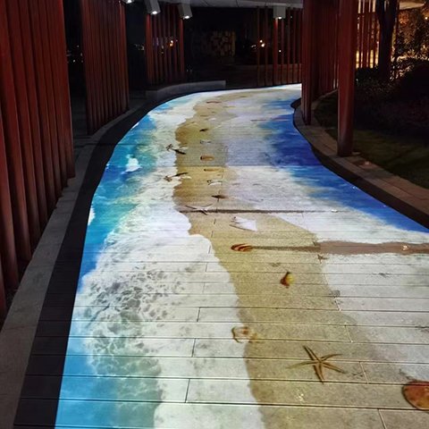 3D全息沉浸式互动海浪沙滩投影脚印 虚拟海滩全息餐厅