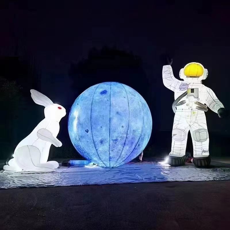 中秋发光兔子充气月球宇航员太空人兔子星球灯七彩变色出售