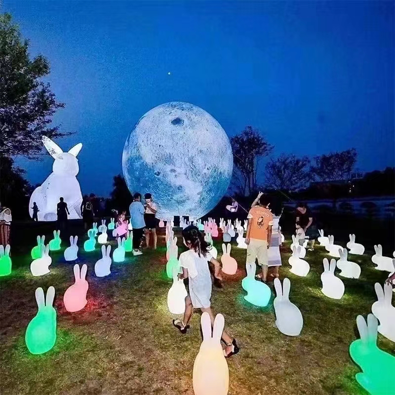 中秋发光兔子充气月球宇航员太空人兔子星球灯七彩变色出售