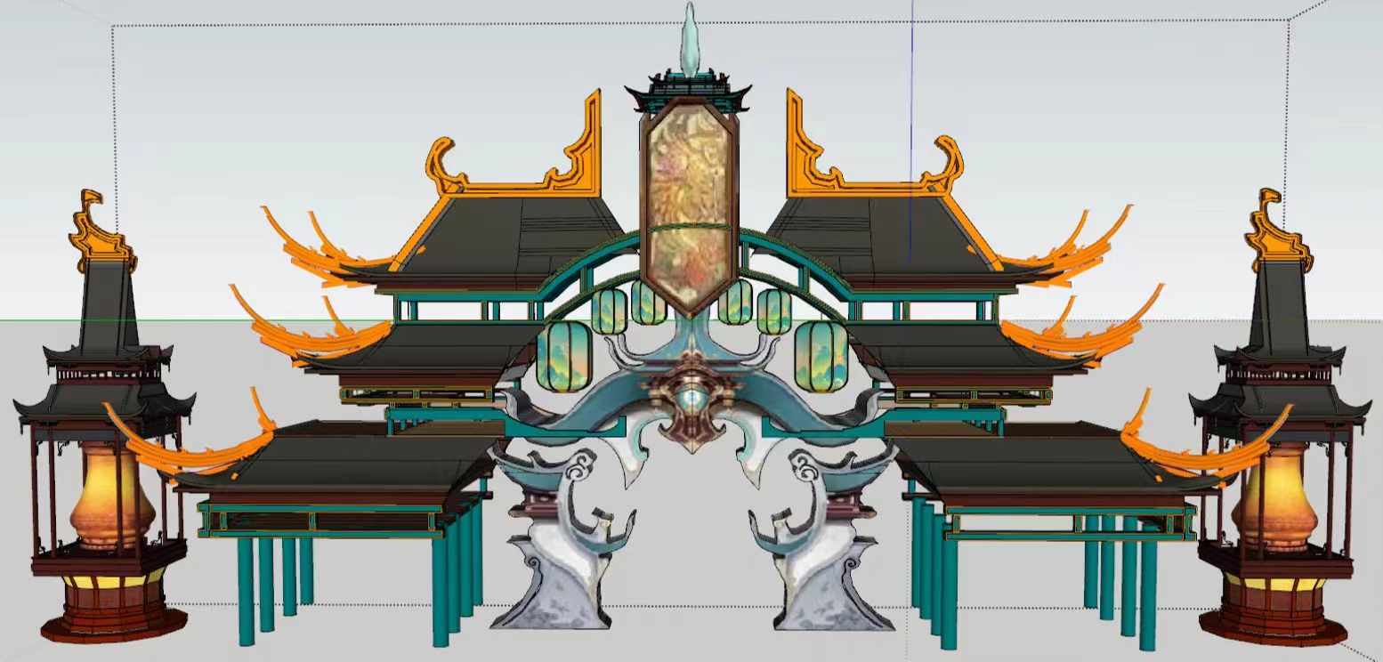 景区不夜城打造景观舞台门楼大灯架灯笼<font style="color: #FF8F00 !important;">铁艺</font>美陈演绎花车定制厂家