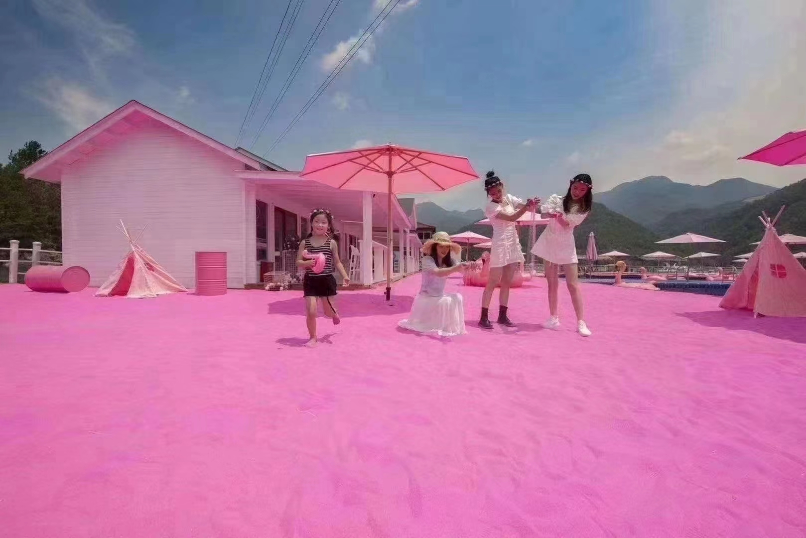 粉色沙滩红黄青蓝紫七彩沙子粉色系列主题